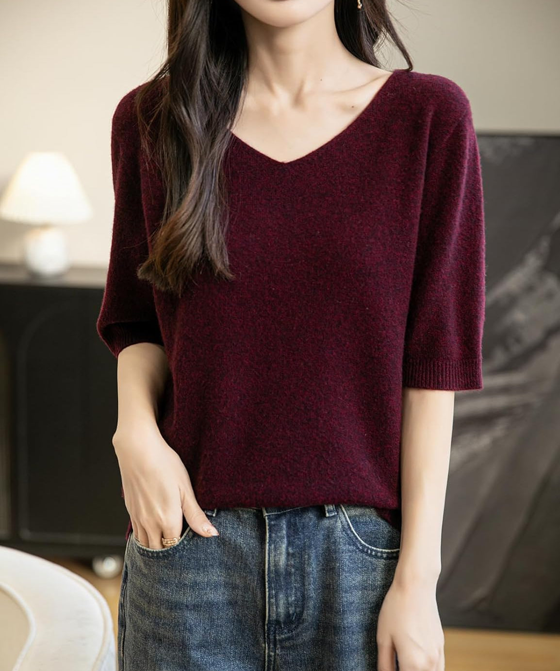 Women's V-Neck 100% Merino Wool Spring Fall Winter First-Line Ready to Wear Seamless Knit Shirt Short Sleeve Sweater