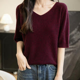 Women's V-Neck 100% Merino Wool Spring Fall Winter First-Line Ready to Wear Seamless Knit Shirt Short Sleeve Sweater