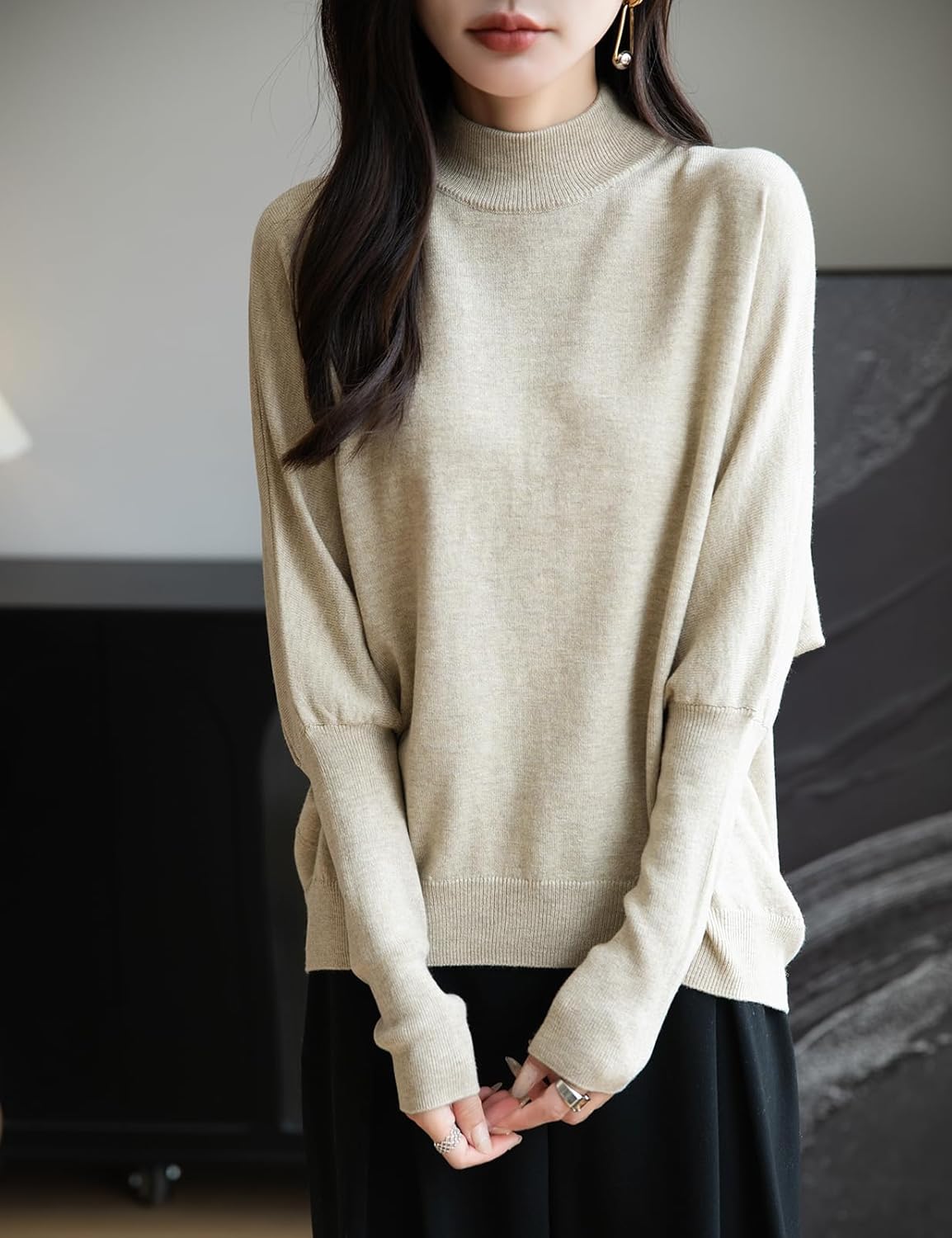 Women's Merino Wool Blend Oversized Sweater 2025 Fall Winter Fashion Mock Neck Batwing Sleeve Knit Pullover Sweater