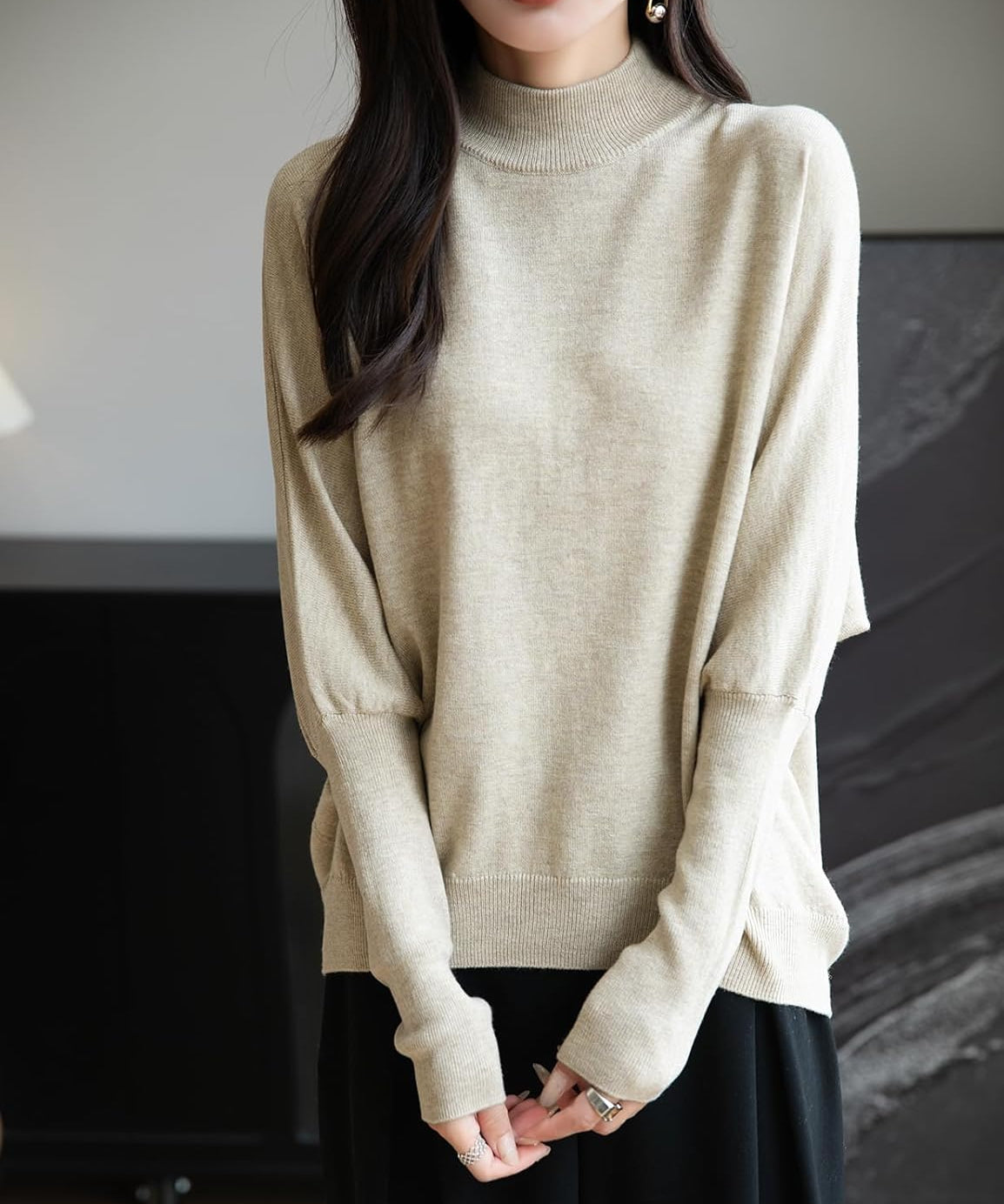 Merino Wool Blend Mock Neck Batwing Sleeve Sweater