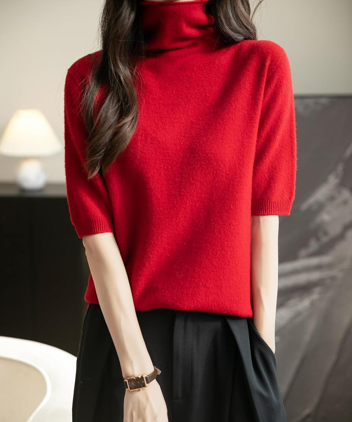100% Merino Wool Turtleneck Short Sleeve Seamless Sweater