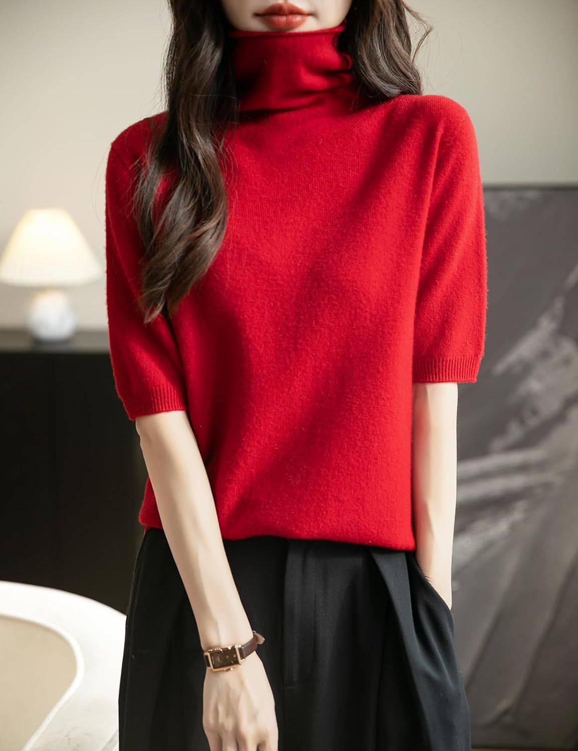 Women's Turtleneck 100% Merino Wool Spring Fall Winter First-Line Ready to Wear Seamless Knit Short Sleeve Sweater