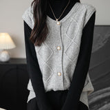 Women's 100% Merino Wool Sweater Vest 2025 Fall Winter Crew Neck Button Down Sleeveless Cable Knit Sweater Vest