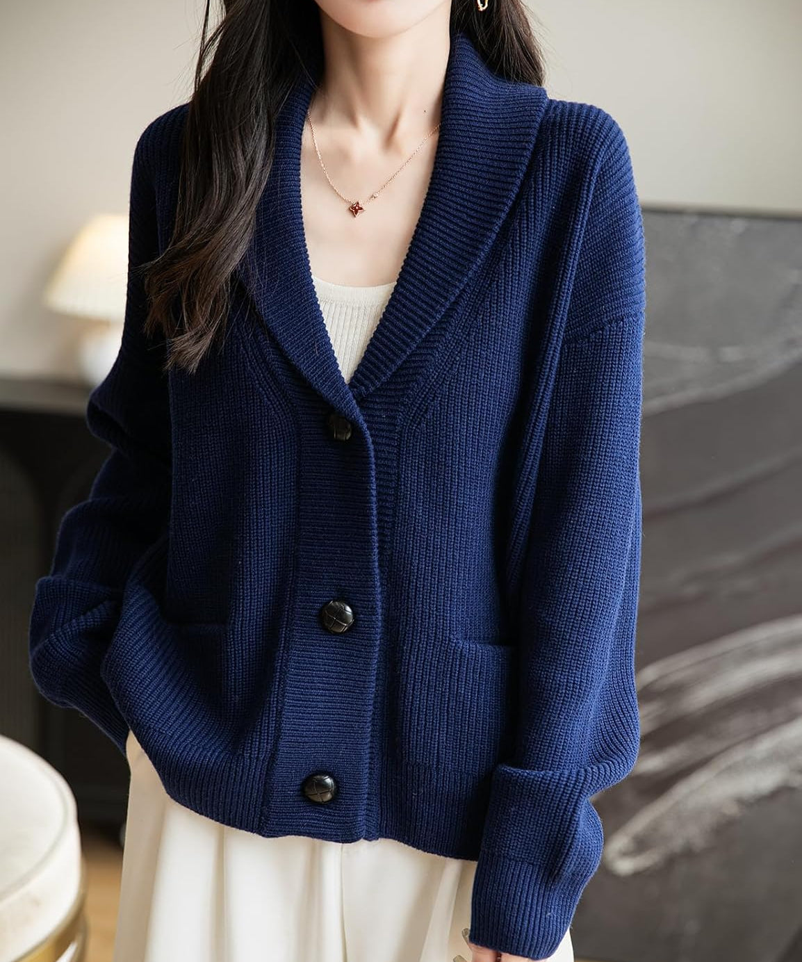 Merino Wool Blend V-Neck Button Cardigan with Pocket
