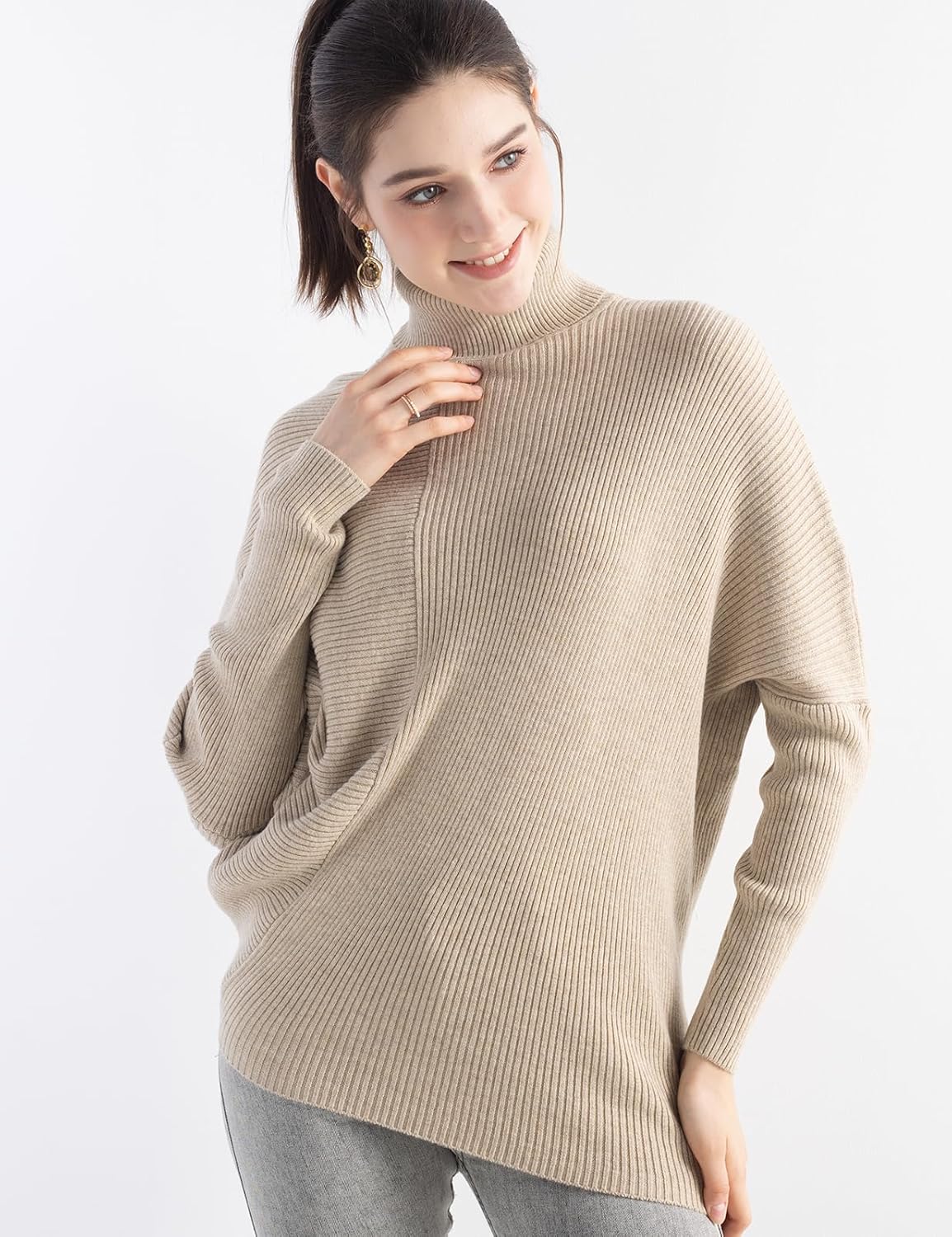 Women's Merino Wool Oversized Sweater 2025 Fall Winter Turtleneck Ribbed Batwing Sleeve Asymmetrical Knit Pullover