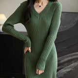 Women's Merino Wool Blend Sweater Dress Fashion 2025 Fall Winter Sexy V-Neck Slim Fit Long Sleeve Ribbed Knit Dress