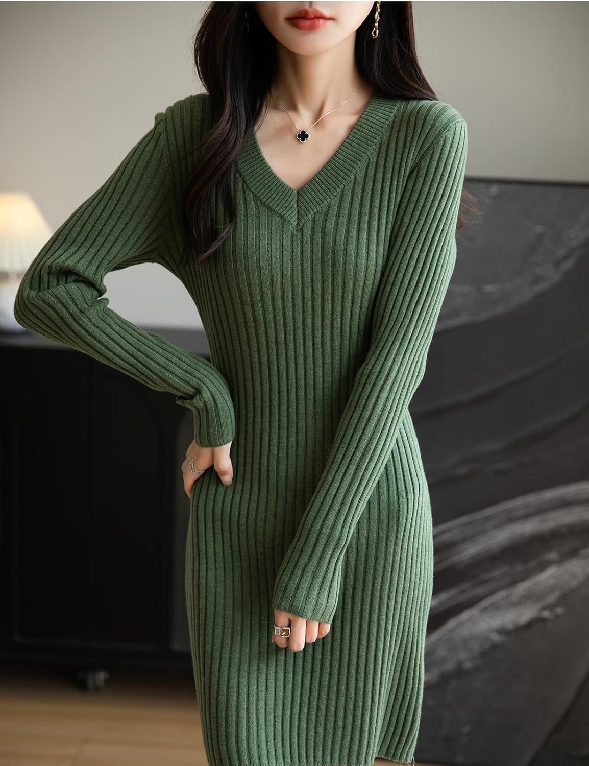 Women's Merino Wool Blend Sweater Dress Fashion 2025 Fall Winter Sexy V-Neck Slim Fit Long Sleeve Ribbed Knit Dress