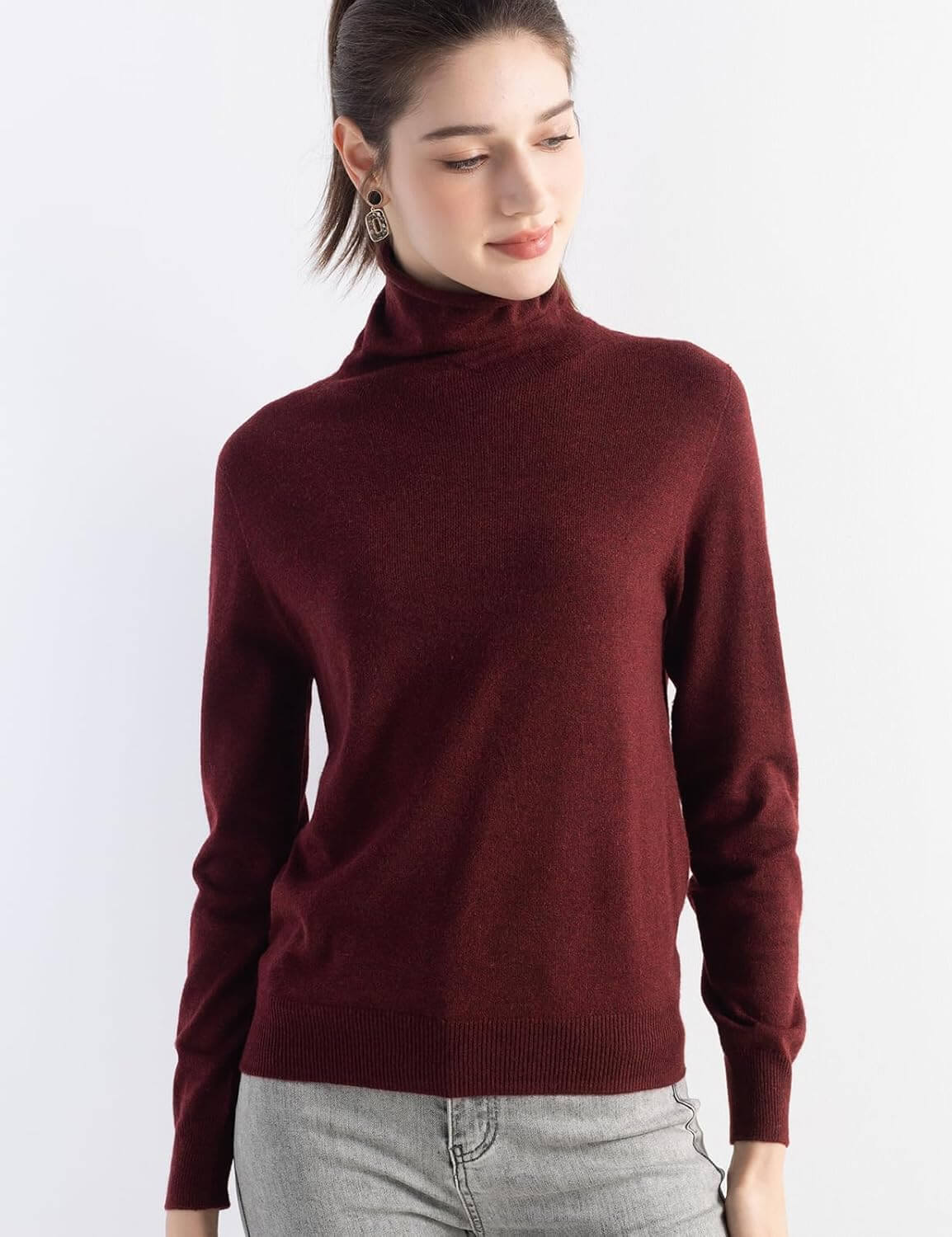 Merino Wool Blend Turtle Neck Seamless Knit Sweater