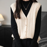 Women's 100% Merino Wool Sweater Vest 2025 Fall Winter V Neck Button Down Sleeveless Cable Knit Sweater Vest
