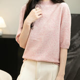 Women's 100% Merino Wool Spring Fall Winter First-Line Ready to Wear Seamless Knit Short Sleeve Mock Neck Sweater