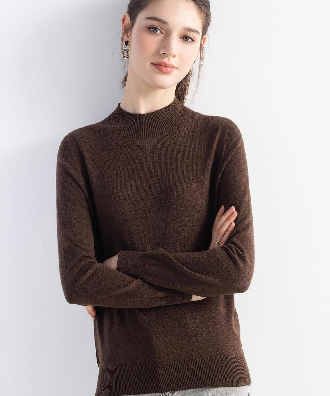 Merino Wool Mock Neck Seamless Knit Sweater