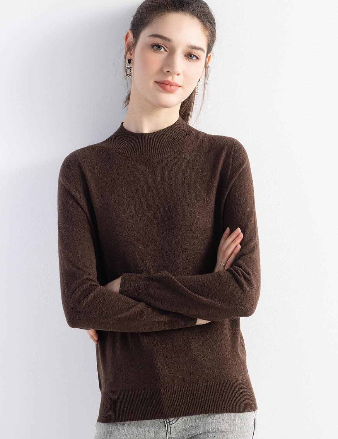 Merino Wool Blend Mock Neck Seamless Knit Sweater