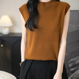 Women's 100% Merino Wool Spring Fall Winter First-Line Ready to Wear Mock Neck Seamless Knit Sleeveless Sweater Vest