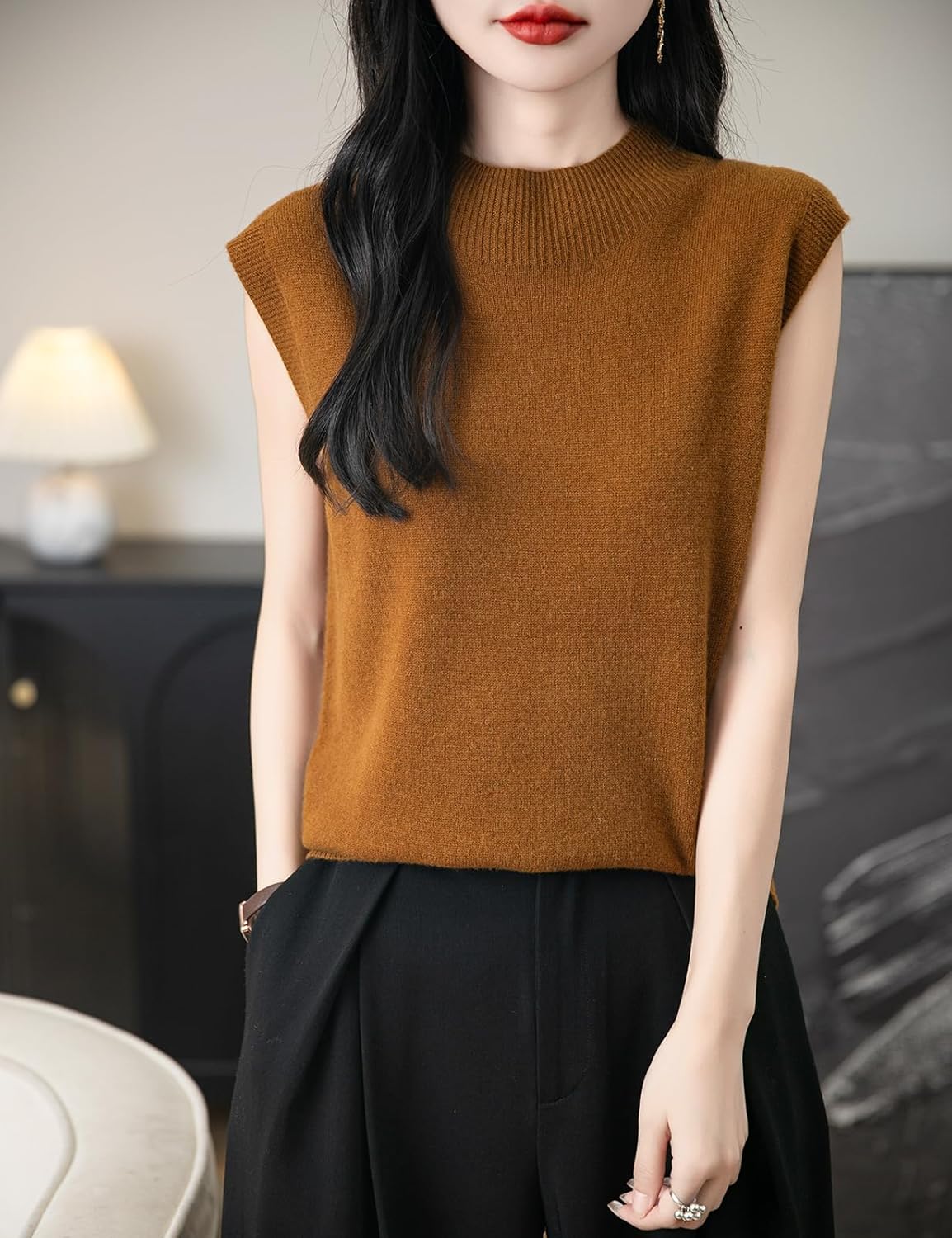 Women's 100% Merino Wool Spring Fall Winter First-Line Ready to Wear Mock Neck Seamless Knit Sleeveless Sweater Vest