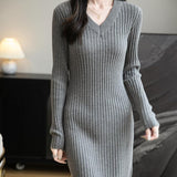 Women's Merino Wool Blend Sweater Dress Fashion 2025 Fall Winter Sexy V-Neck Slim Fit Long Sleeve Ribbed Knit Dress