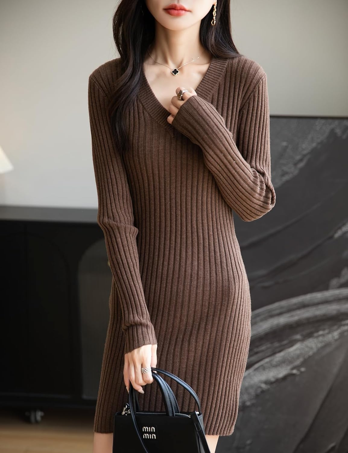 Women's Merino Wool Blend Sweater Dress Fashion 2025 Fall Winter Sexy V-Neck Slim Fit Long Sleeve Ribbed Knit Dress