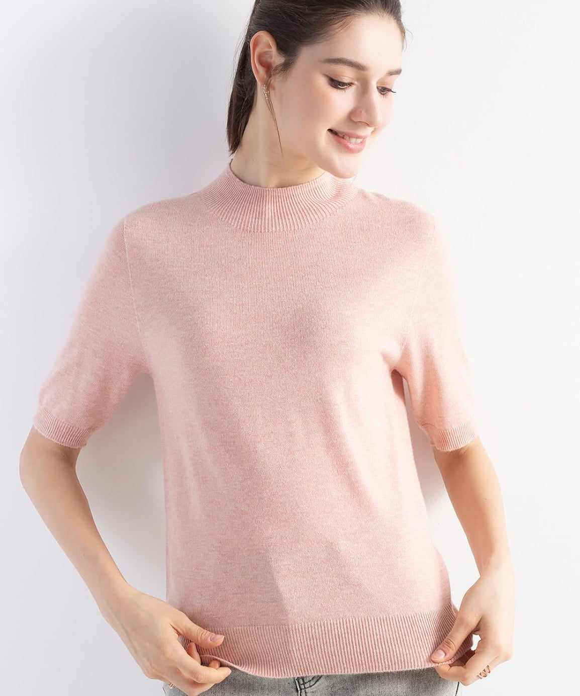 Merino Wool Mock Neck Short Sleeve Seamless Knit Sweater