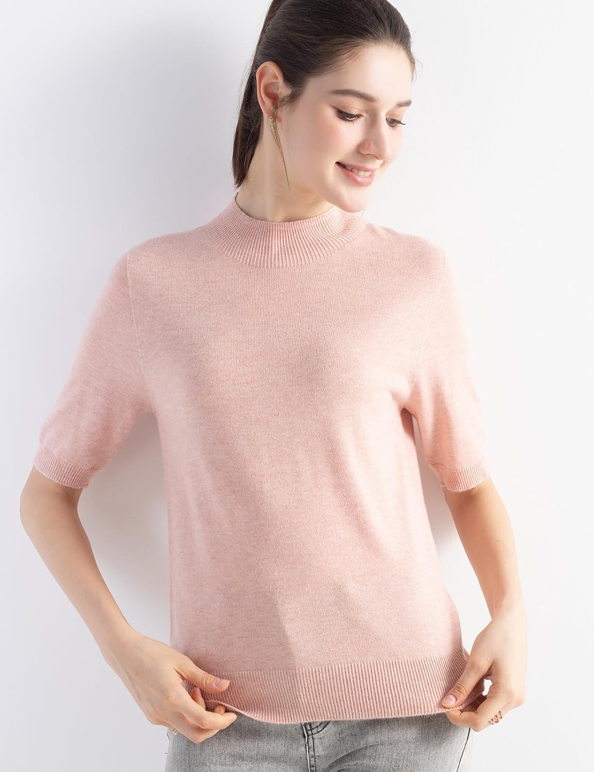 Merino Wool Blend Mock Neck Short Sleeve Seamless Knit Sweater