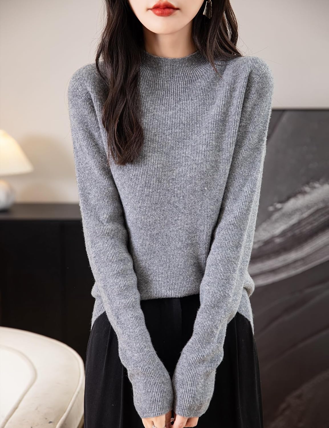 Chanyarn Women's 100% Merino Wool Seamless Sweater Mock Neck First-Line Ready to Wear Long Sleeve Ribbed Knit Pullover