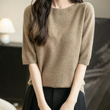 Women's 100% Merino Wool Spring Fall Winter First-Line Ready to Wear Seamless Knit Crewneck Short Sleeve Sweater