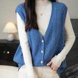 Women's 100% Merino Wool Sweater Vest 2025 Fall Winter V Neck Button Down Sleeveless Cable Knit Sweater Vest