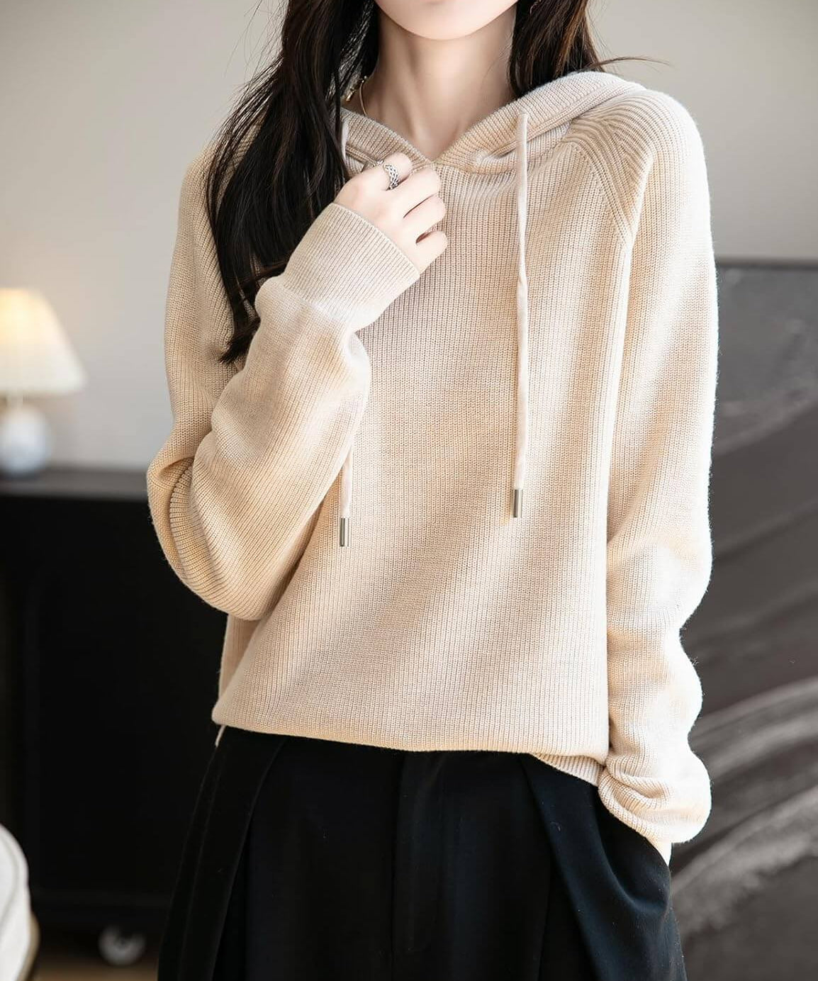 Merino Wool Crewneck Hoodie Knit Sweater