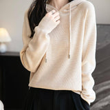 Women's Merino Wool Hoodies 2025 Fall Winter Casual Crewneck Sweatshirt Long Sleeve Knitted Sweater with Drawstring