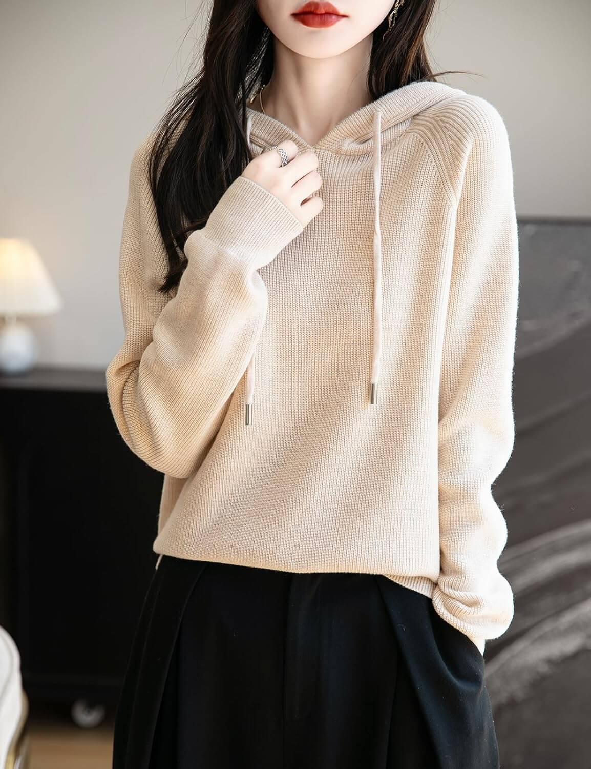 Women's Merino Wool Hoodies 2025 Fall Winter Casual Crewneck Sweatshirt Long Sleeve Knitted Sweater with Drawstring