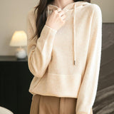 Felpa con tasca a maniche lunghe in lana merino al 100% da donna 2025 inverno calda morbida a manica lunga a maglia con tasca