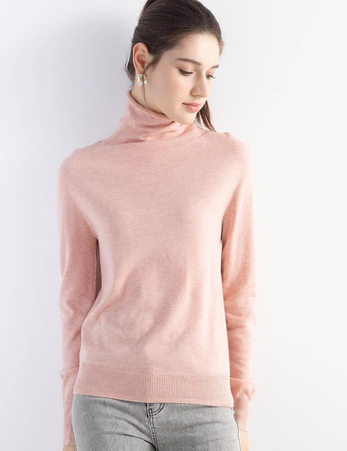 Merino Wool Blend Turtle Neck Seamless Knit Sweater