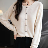 Women's Merino Wool Cardigan Crew Neck Fall Winter Long Sleeve First-Line Ready to Wear Seamless Knit Cardigan