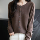 Women's Merino Wool Cardigan Crew Neck Fall Winter Long Sleeve First-Line Ready to Wear Seamless Knit Cardigan