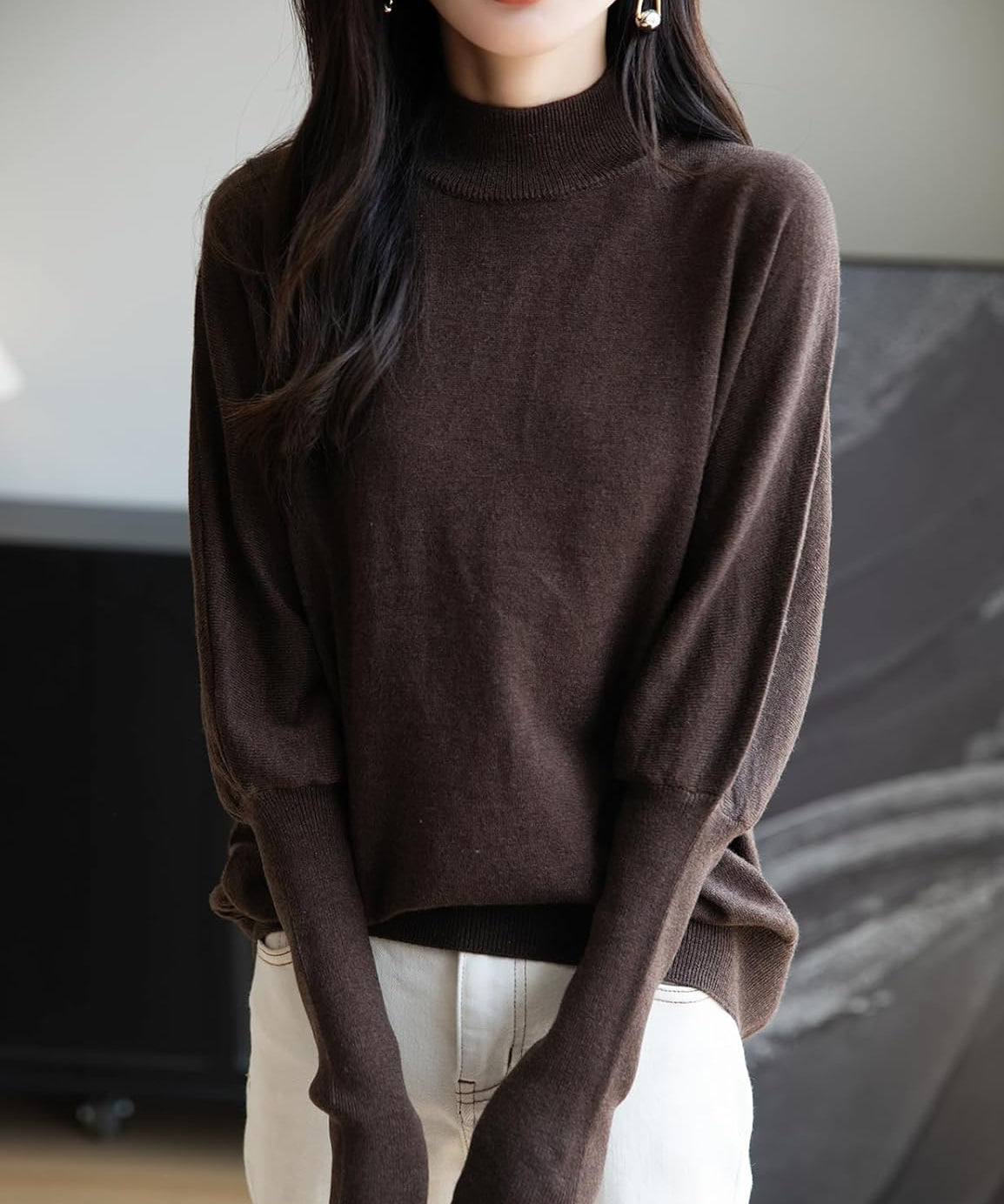Merino Wool Blend Mock Neck Batwing Sleeve Sweater