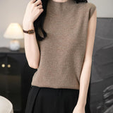Women's 100% Merino Wool Spring Fall Winter First-Line Ready to Wear Mock Neck Seamless Knit Sleeveless Sweater Vest