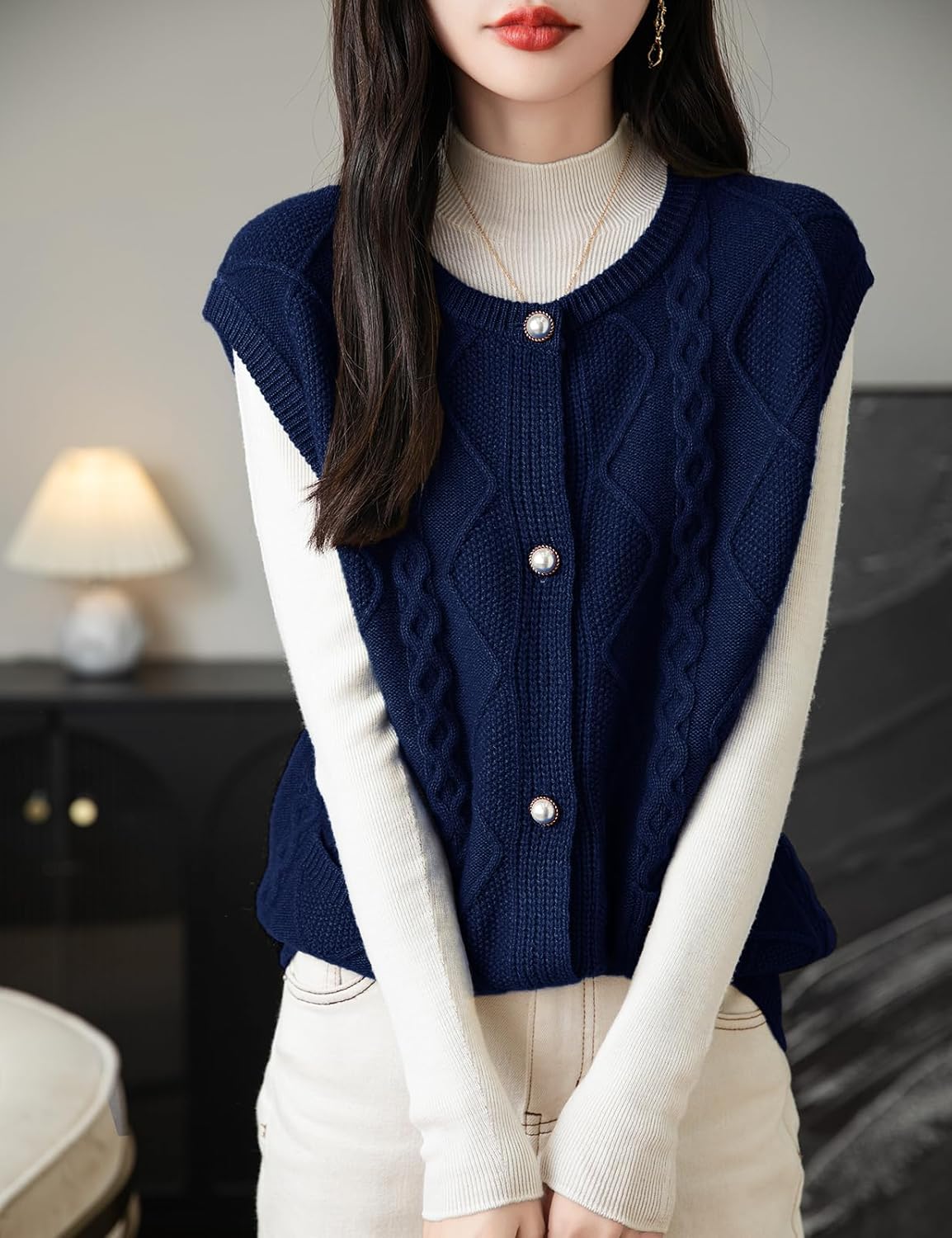 Frauen 100% Merino Wollpullover Weste 2025 Herbst Winter Crew Halsknopf ärmellose Kabelstrickpullover Weste