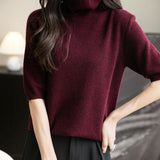 Women's Turtleneck 100% Merino Wool Spring Fall Winter First-Line Ready to Wear Seamless Knit Short Sleeve Sweater