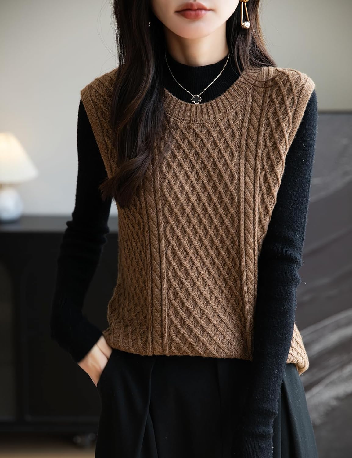 Frauen Merino Wolle Mischung Pullover Weste 2025 Herbst Winter Klassiker Crew Neck ärmellose Kabelstrickpullover Pullover Weste