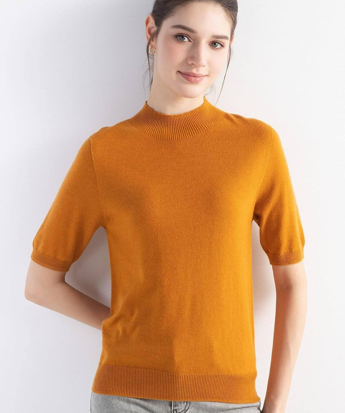 Merino Wool Mock Neck Short Sleeve Seamless Knit Sweater
