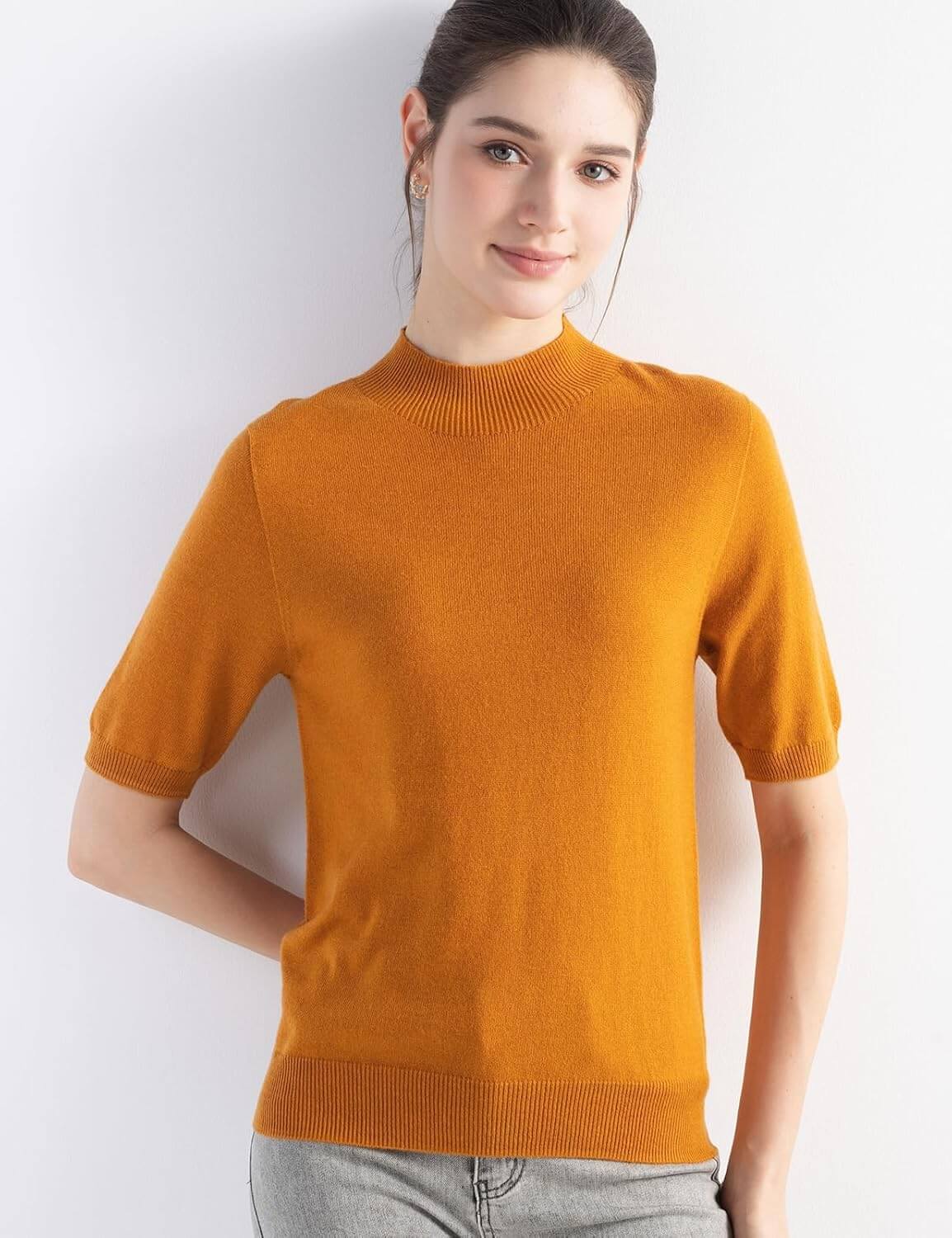 Women's Merino Wool Sweater 2025 Fall Winter Mock Neck Short Sleeve First-Line Ready to Wear Seamless Knit Sweater