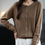 Women's Merino Wool Cardigan Crew Neck Fall Winter Long Sleeve First-Line Ready to Wear Seamless Knit Cardigan
