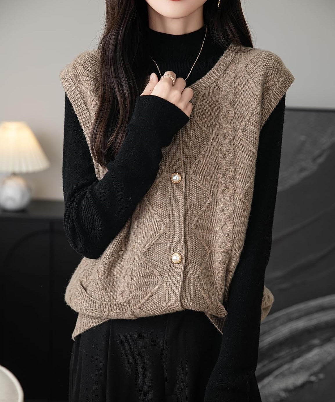 100% Merino Wool Crewneck Button Cable Knit Sweater Vest