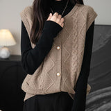 Women's 100% Merino Wool Sweater Vest 2025 Fall Winter Crew Neck Button Down Sleeveless Cable Knit Sweater Vest