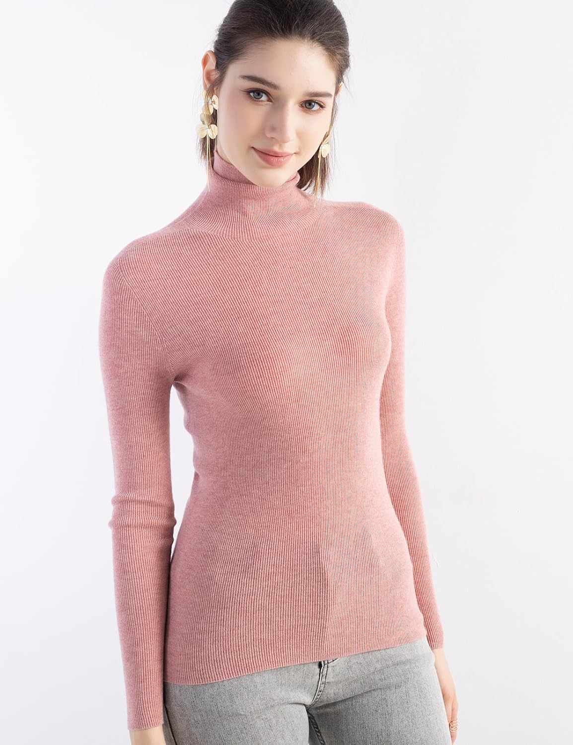 Women's Merino Wool Sweater Fall Winter Turtleneck Rib Long Sleeve First-Line Ready to Wear Seamless Knit Sweater