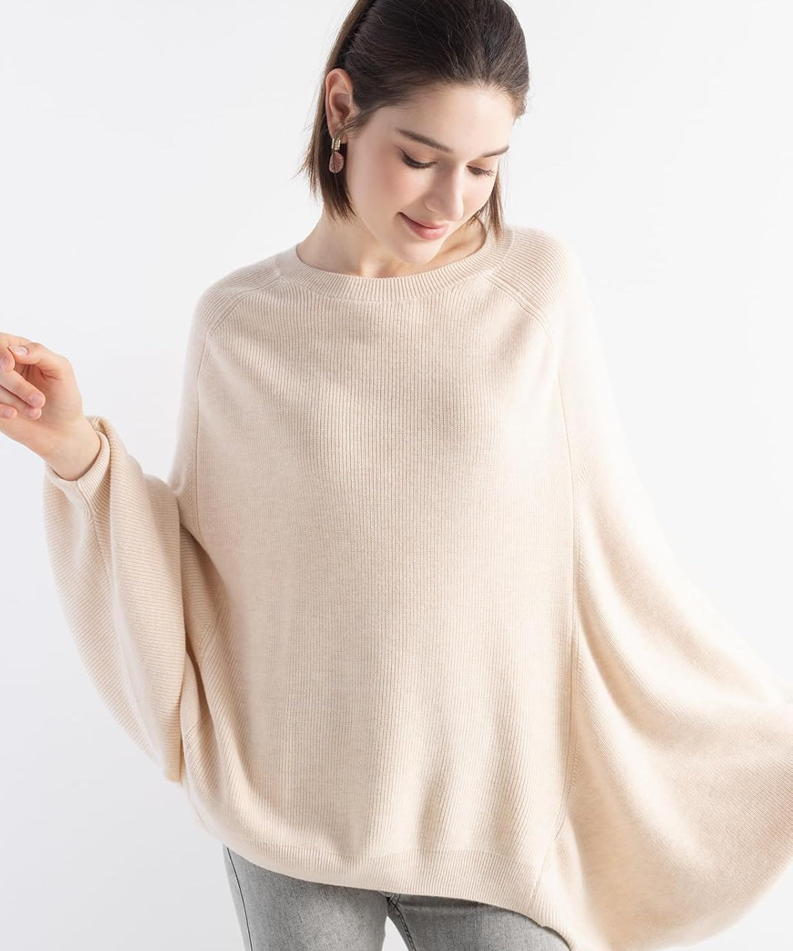 Merino Wool Blend Oversized Crewneck Batwing Sweater
