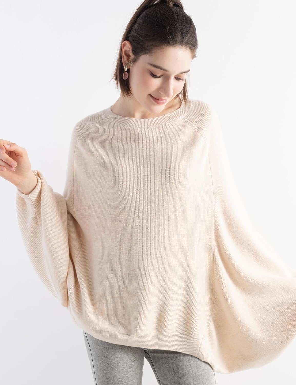 Merino Wool Blend Oversized Crewneck Batwing Sweater