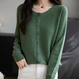 Women's Merino Wool Cardigan Crew Neck Fall Winter Long Sleeve First-Line Ready to Wear Seamless Knit Cardigan