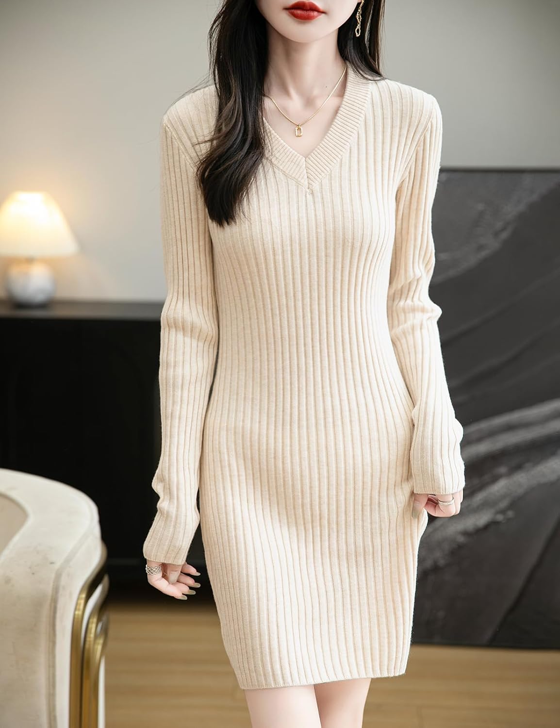 Women's Merino Wool Blend Sweater Dress Fashion 2025 Fall Winter Sexy V-Neck Slim Fit Long Sleeve Ribbed Knit Dress