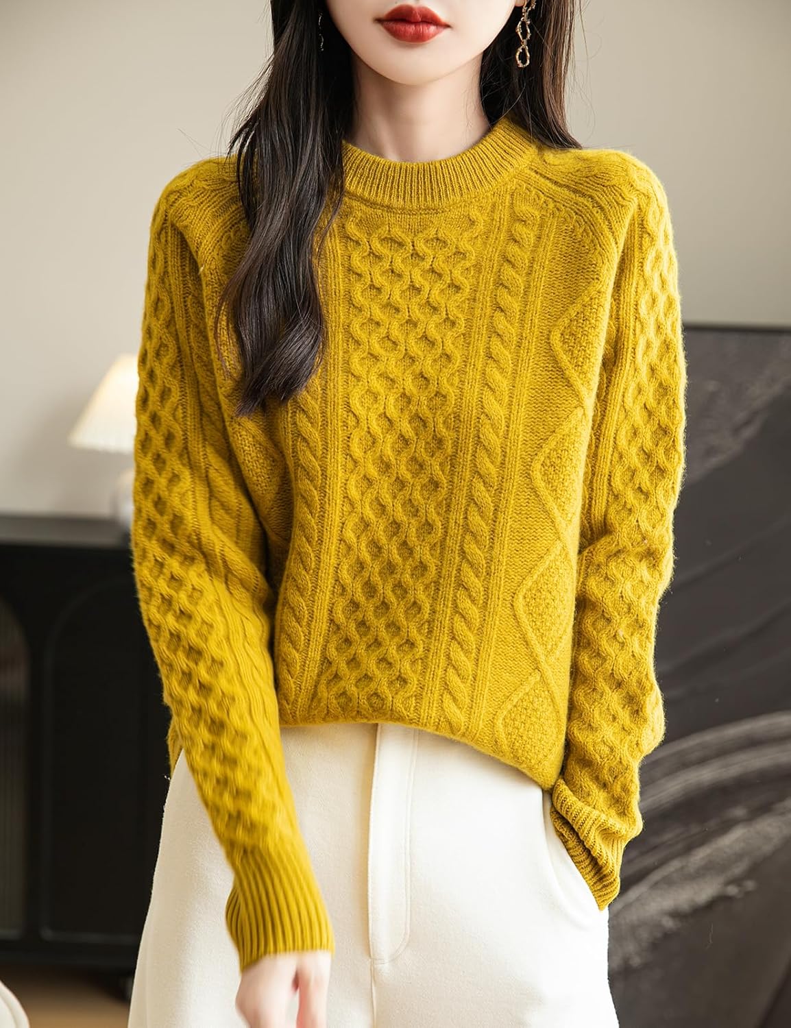 Pull vintage en tricot torsadé à col rond 100 % laine mérinos