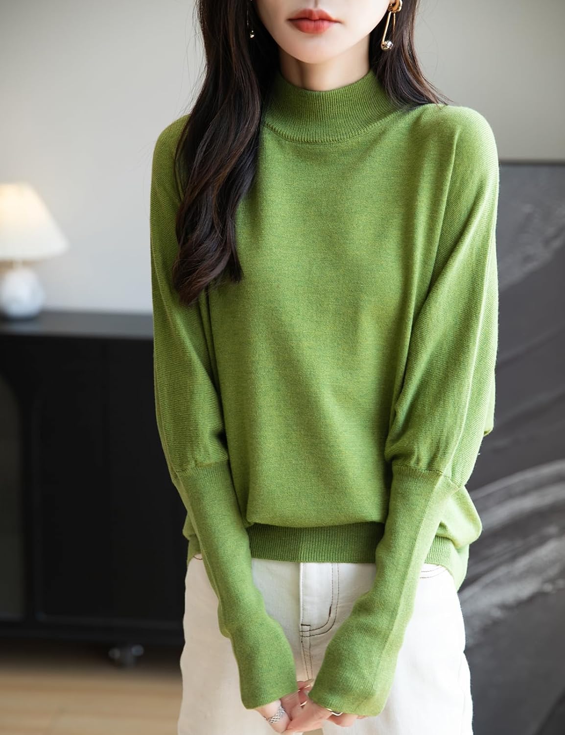 Women's Merino Wool Blend Oversized Sweater 2025 Fall Winter Fashion Mock Neck Batwing Sleeve Knit Pullover Sweater