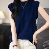 Women's 100% Merino Wool Spring Fall Winter First-Line Ready to Wear Mock Neck Seamless Knit Sleeveless Sweater Vest